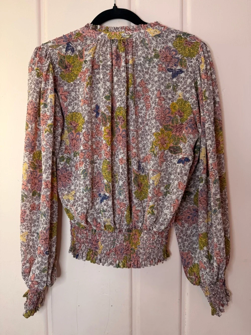 Rachel Zoe Pink Floral Smocked Waist Long-Sleeve Top Sz medium - Picture 3 of 5